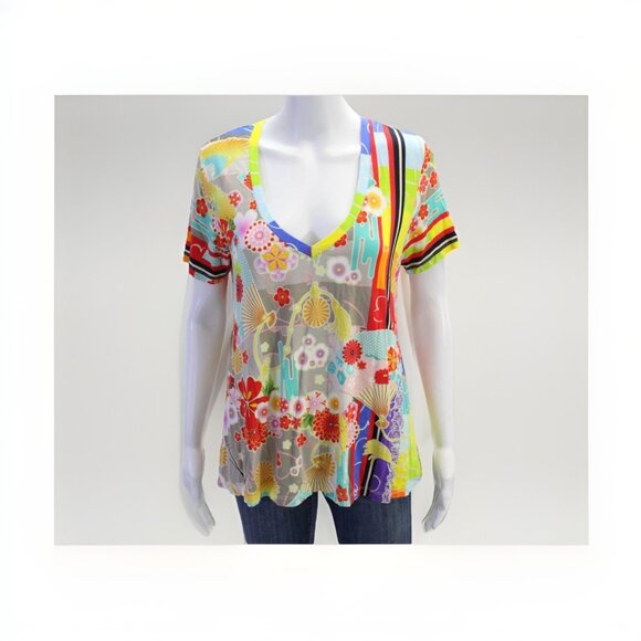 Johnny Was Fuji Favorite V-Neck Swing Tee Sz M Bamboo Relaxed Fit Boho Casual - Picture 1 of 5